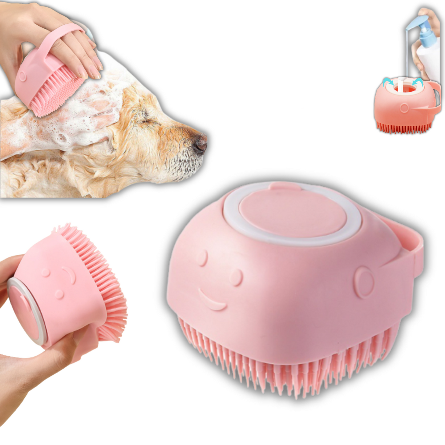 Szczotka do mycia sierści dla psa, kota, królika z dozownikiem na szampon - różowa